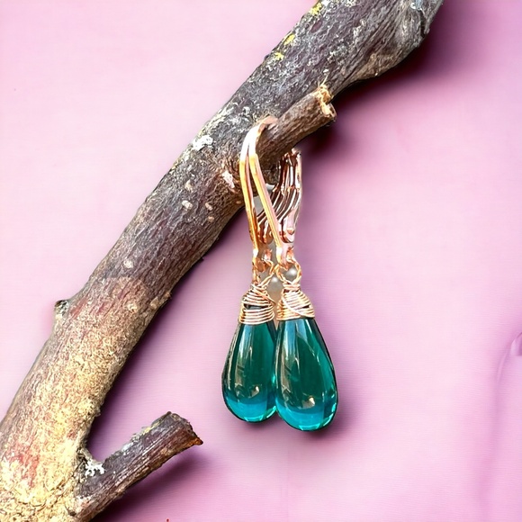 Beautiful Teal Paraiba Tourmaline Earrings 14k Rose Gold Filled - Picture 8 of 8